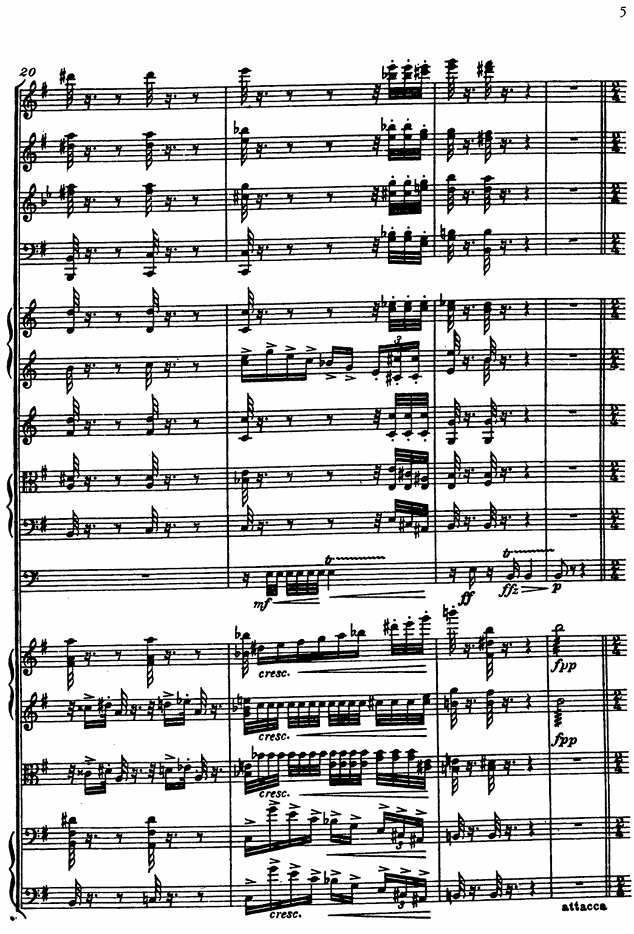 Schwarzweißes Notenblatt einer Orchesterpartitur mit mehreren Stimmzeilen, Noten und Dynamikzeichen.